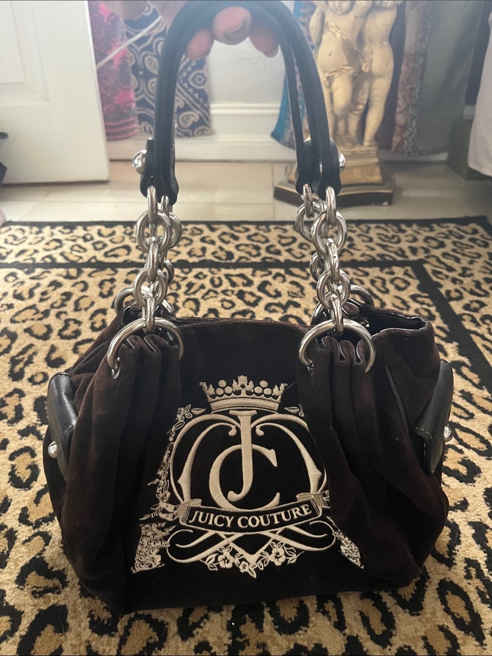 Juicy Couture Brown Suede Embroidered Logo Shoulder Bag with Chain Handles